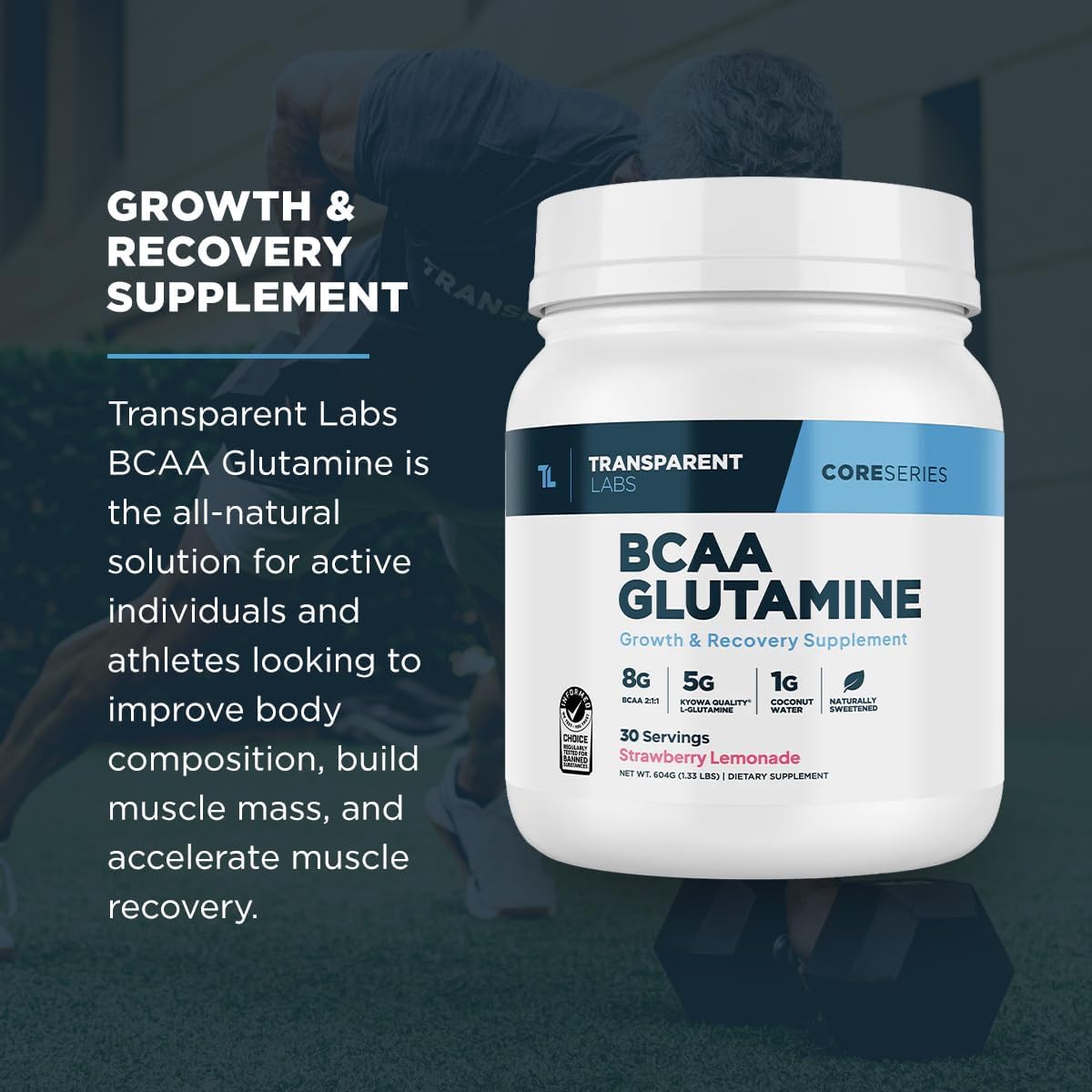Transparent Labs BCAA Glutamine - Strawberry Lemonade Flavor - 8000 Mg BCAA Powder with L Glutamine - Post Workout Recovery, Muscle Growth, Endurance - 30 Servings