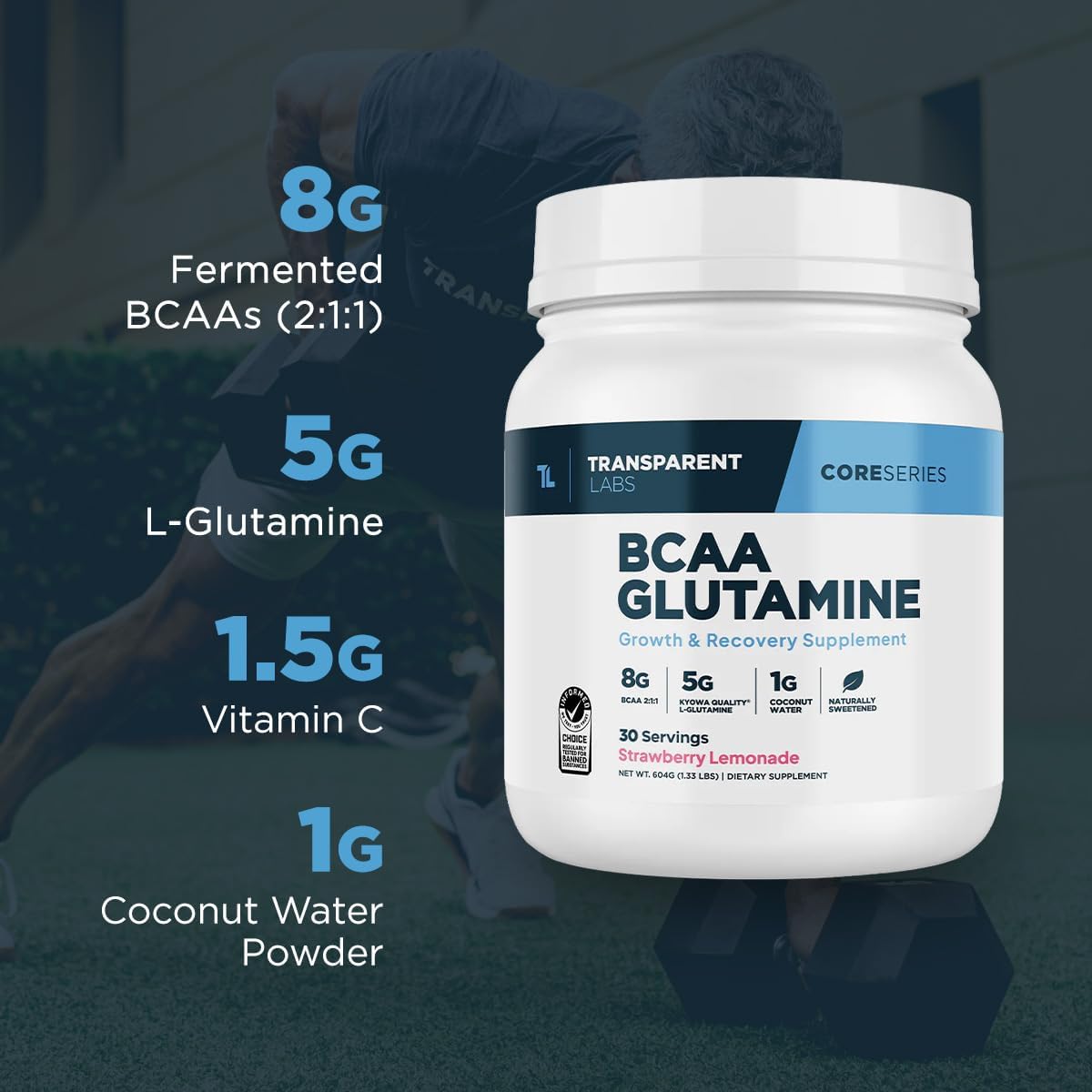 Transparent Labs BCAA Glutamine - Strawberry Lemonade Flavor - 8000 Mg BCAA Powder with L Glutamine - Post Workout Recovery, Muscle Growth, Endurance - 30 Servings