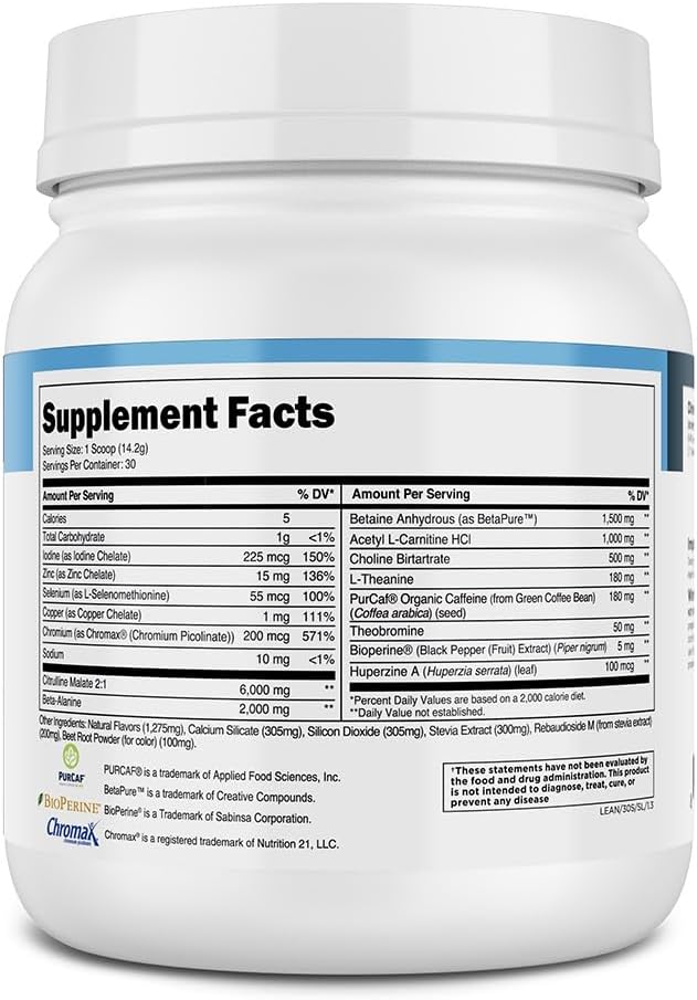 Transparent Labs Lean Pre-Workout - Acetyl L-Carnitine & Beta Alanine Powder - Body Recomposition Pre Workout - 30 Servings, Strawberry Lemonade