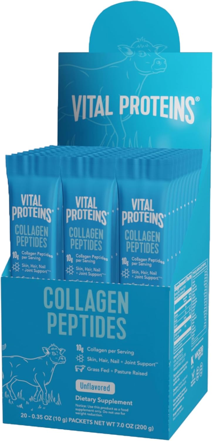 Travel-Friendly Vital Proteins Grass Fed Collagen Peptides Powder Supplement - Hydrolyzed Type I & III Collagen for Skin, Hair, Nails, and Joints - 10g per Serving - Unflavored - 20 Packets