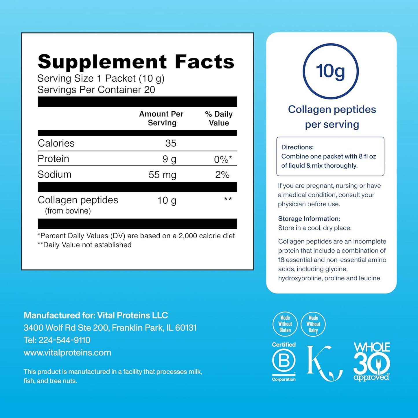 Travel-Friendly Vital Proteins Grass Fed Collagen Peptides Powder Supplement - Hydrolyzed Type I & III Collagen for Skin, Hair, Nails, and Joints - 10g per Serving - Unflavored - 20 Packets