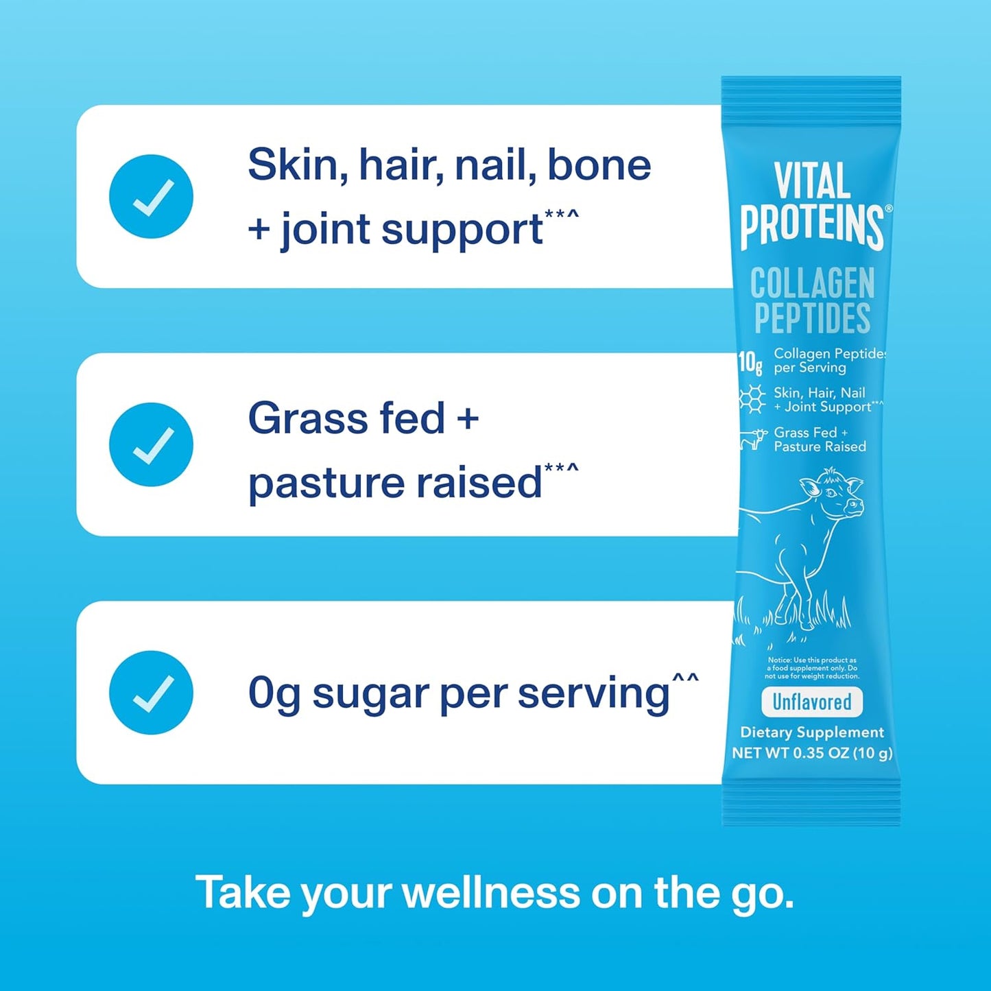 Travel-Friendly Vital Proteins Grass Fed Collagen Peptides Powder Supplement - Hydrolyzed Type I & III Collagen for Skin, Hair, Nails, and Joints - 10g per Serving - Unflavored - 20 Packets