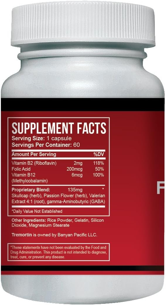 Tremortin Herbal Supplement for Essential Tremor Relief - Shaky Hands, Arm, Leg, Voice Tremors - 60 Capsules