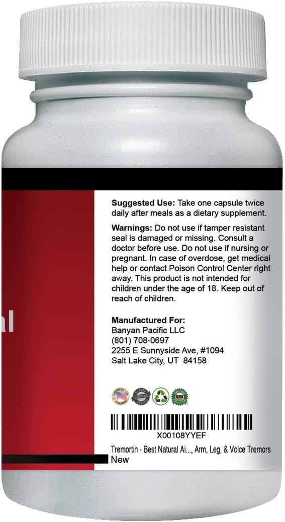 Tremortin Herbal Supplement for Essential Tremor Relief - Shaky Hands, Arm, Leg, Voice Tremors - 60 Capsules