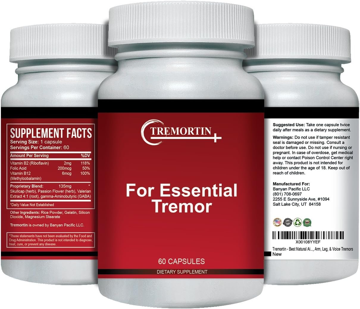 Tremortin Herbal Supplement for Essential Tremor Relief - Shaky Hands, Arm, Leg, Voice Tremors - 60 Capsules