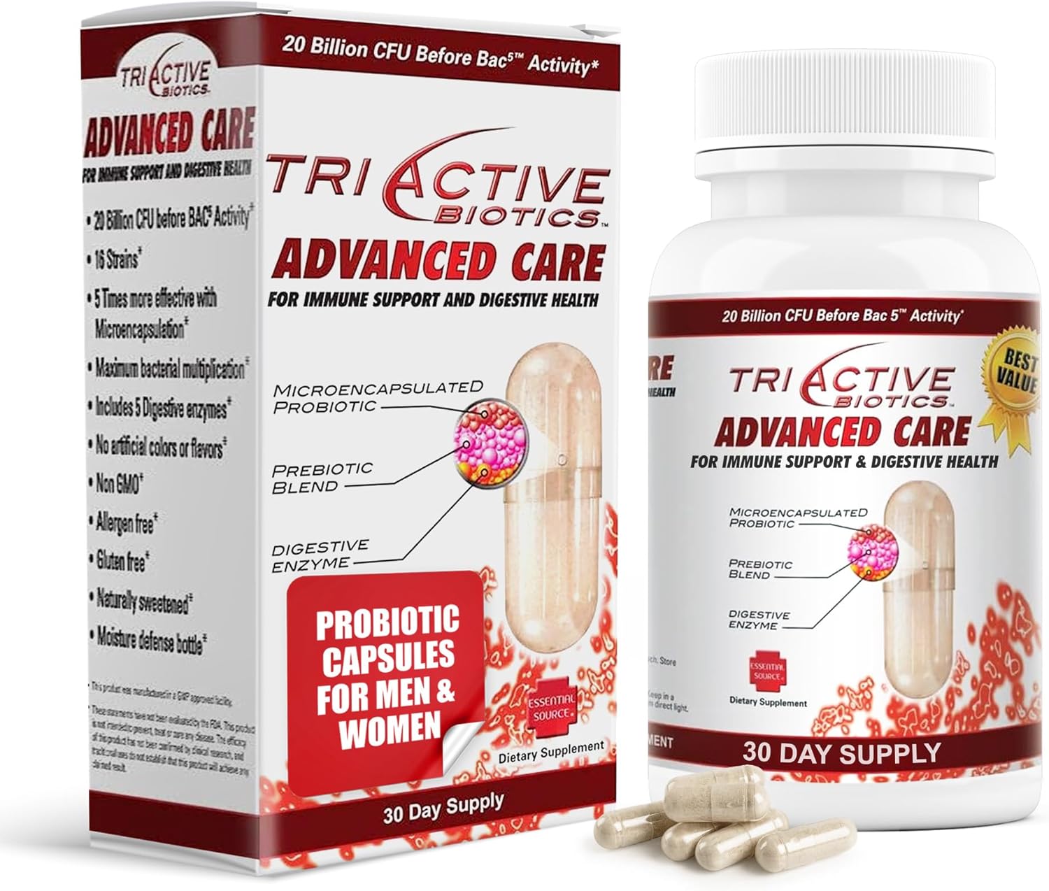 TriActive Biotics Advanced Care - 20 Billion CFU Probiotic Digestive Health Supplement for Women & Men, Immune Support, 30 Capsules