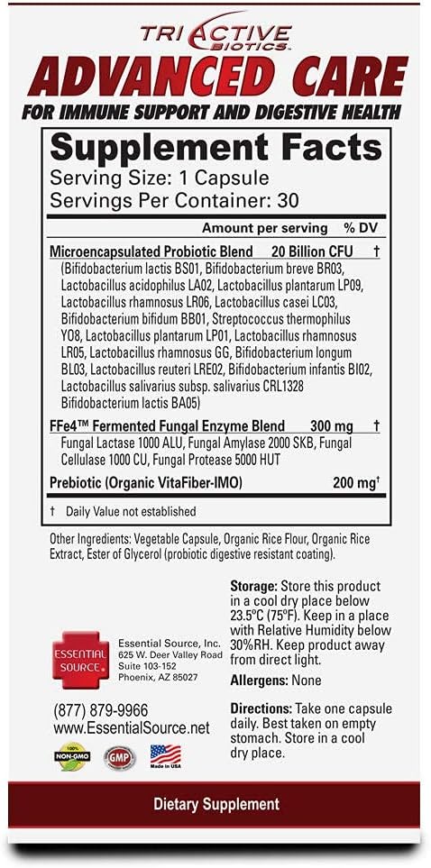 TriActive Biotics Advanced Care - 20 Billion CFU Probiotic Digestive Health Supplement for Women & Men, Immune Support, 30 Capsules