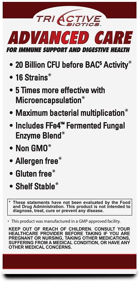 TriActive Biotics Advanced Care - 20 Billion CFU Probiotic Digestive Health Supplement for Women & Men, Immune Support, 30 Capsules