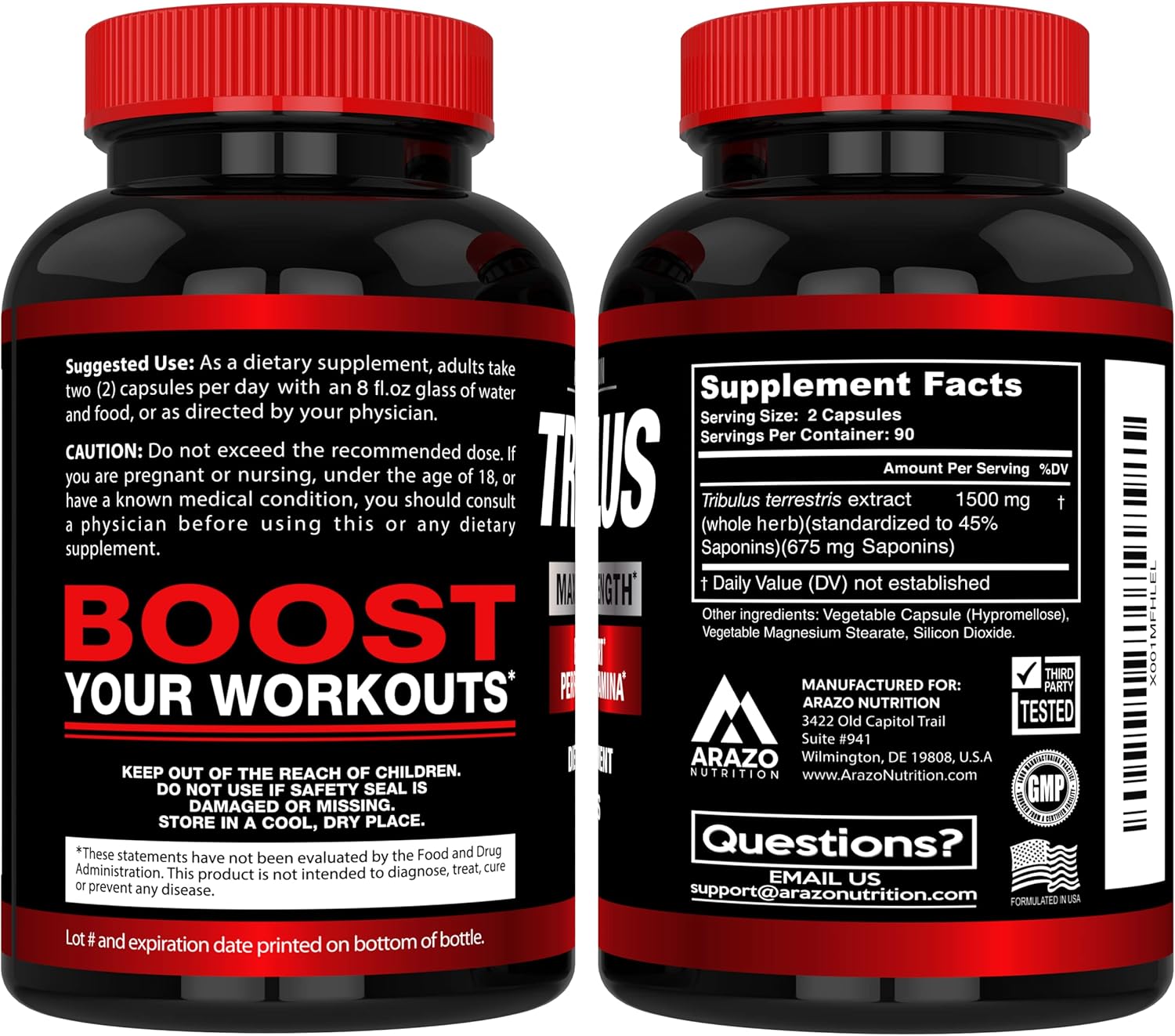 Tribulus Terrestris 1500mg Extract Powder Capsules - Natural Energy Booster and Estrogen Blocker by Arazo Nutrition