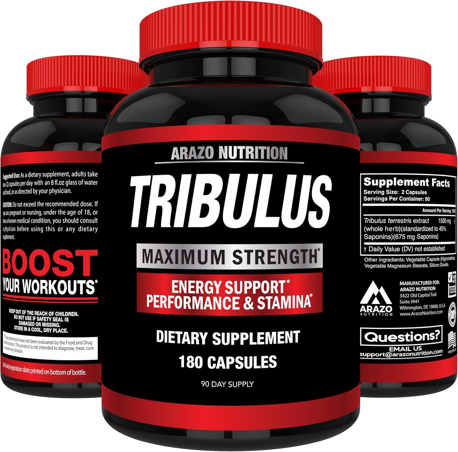 Tribulus Terrestris 1500mg Extract Powder Capsules - Natural Energy Booster and Estrogen Blocker by Arazo Nutrition