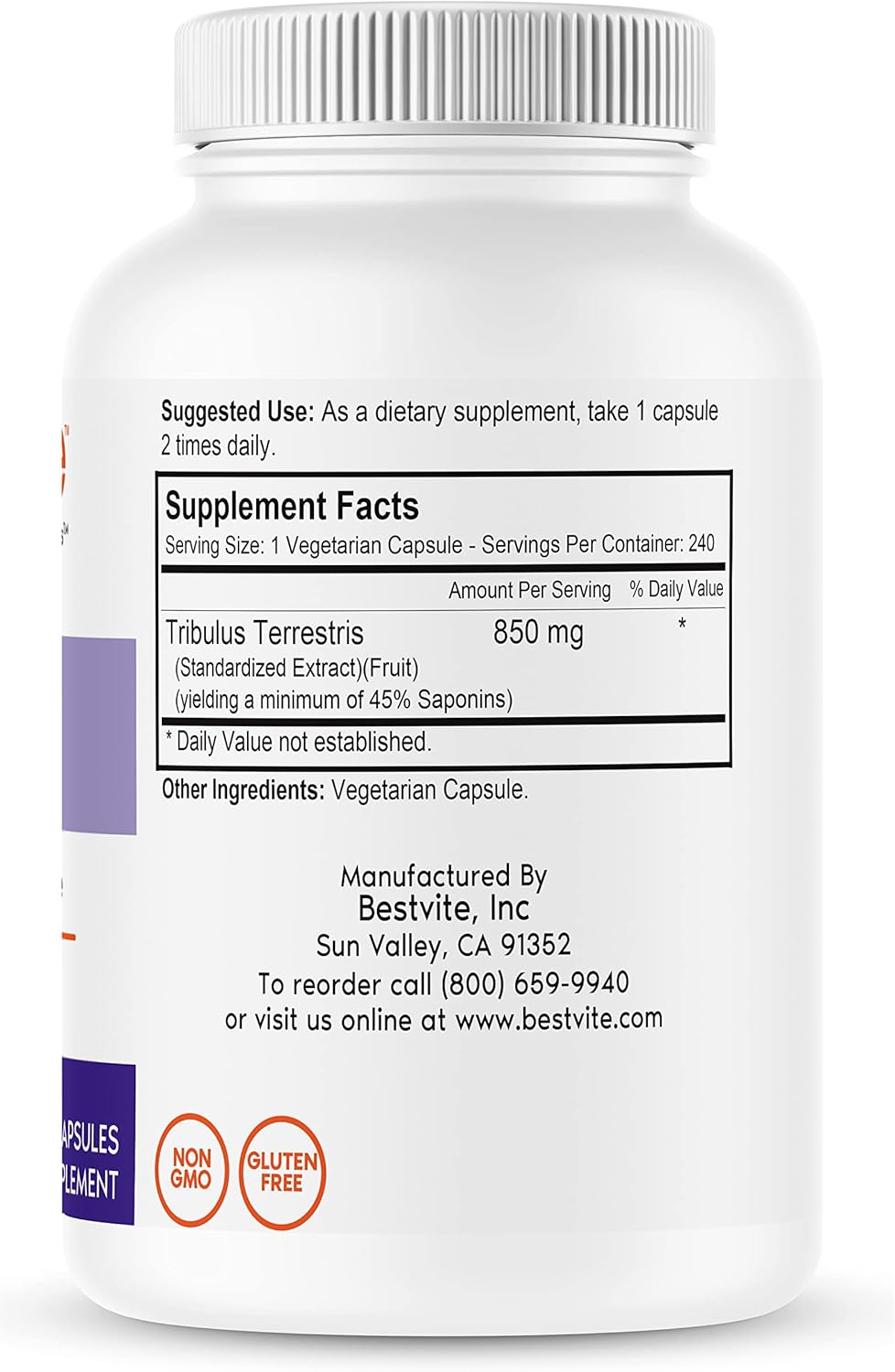 Tribulus Terrestris 850mg Capsules - 240 Vegetarian Capsules - Standardized Extract - Vegan - Non GMO - Gluten Free