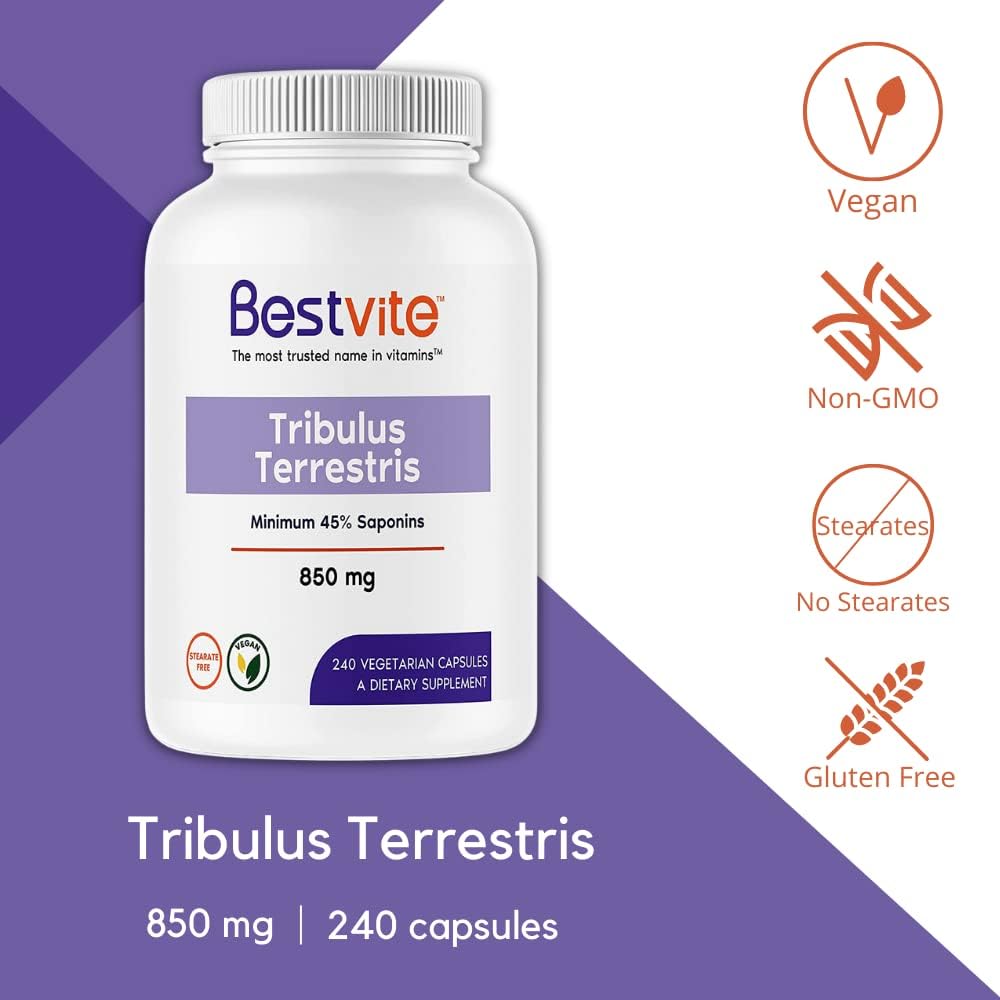 Tribulus Terrestris 850mg Capsules - 240 Vegetarian Capsules - Standardized Extract - Vegan - Non GMO - Gluten Free