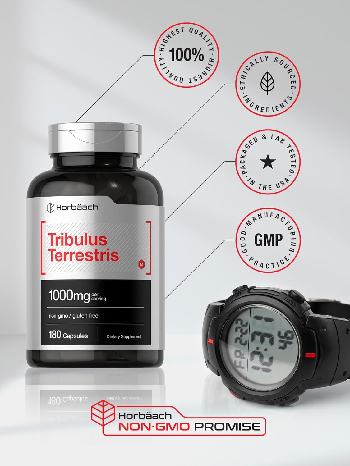 Tribulus Terrestris Extract Supplement for Men - 1000mg, 180 Capsules - Non-GMO & Gluten Free