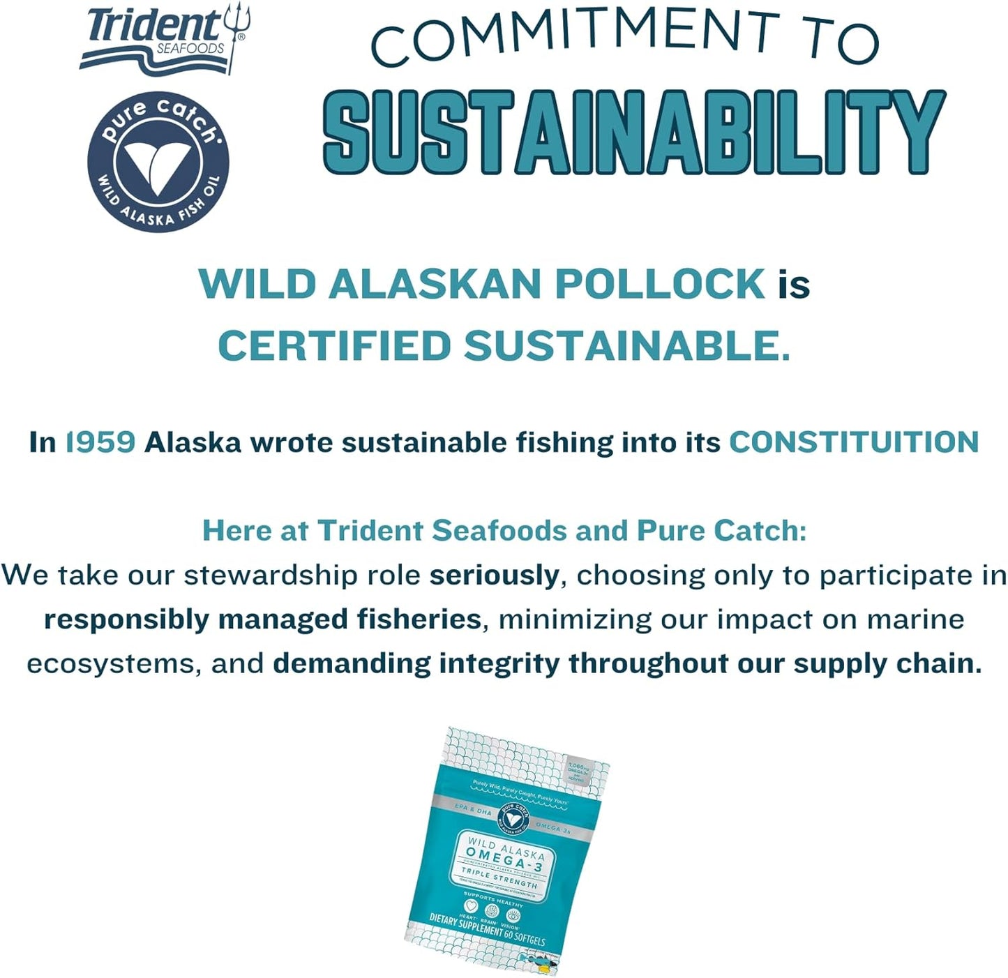 Trident Seafoods Pure Catch Wild Alaskan Fish Oil 1060mg Triple Strength Omega-3 Supplement - 60 Ct. Citrus Soft Gels for Heart, Brain, and Vision - EPA and DHA for Men and Women
