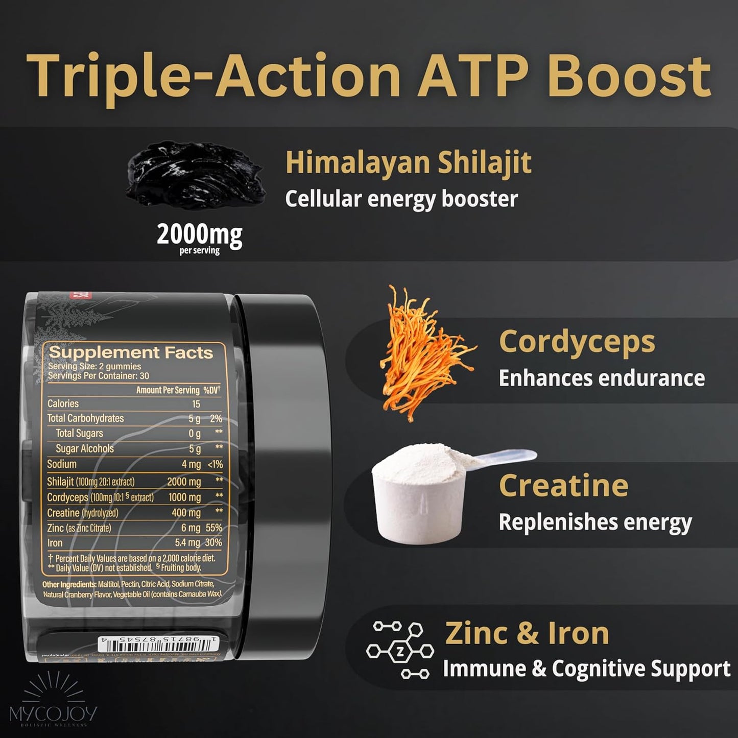 Triple-Action ATP Booster Gummies with Shilajit, Cordyceps, and Creatine for Enhanced Energy and Performance - 60 Sugar-Free Cranberry Flavor Gummies