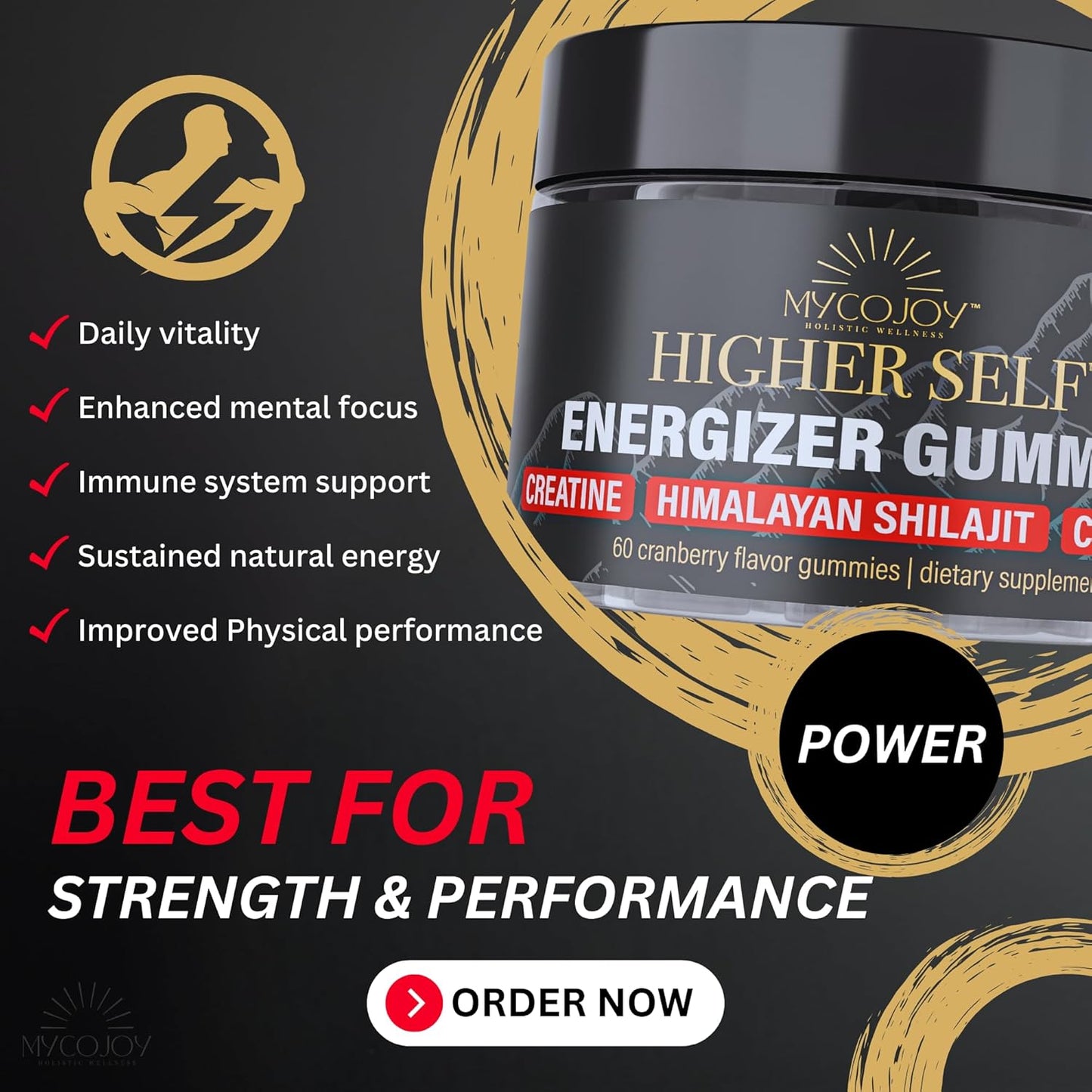 Triple-Action ATP Booster Gummies with Shilajit, Cordyceps, and Creatine for Enhanced Energy and Performance - 60 Sugar-Free Cranberry Flavor Gummies