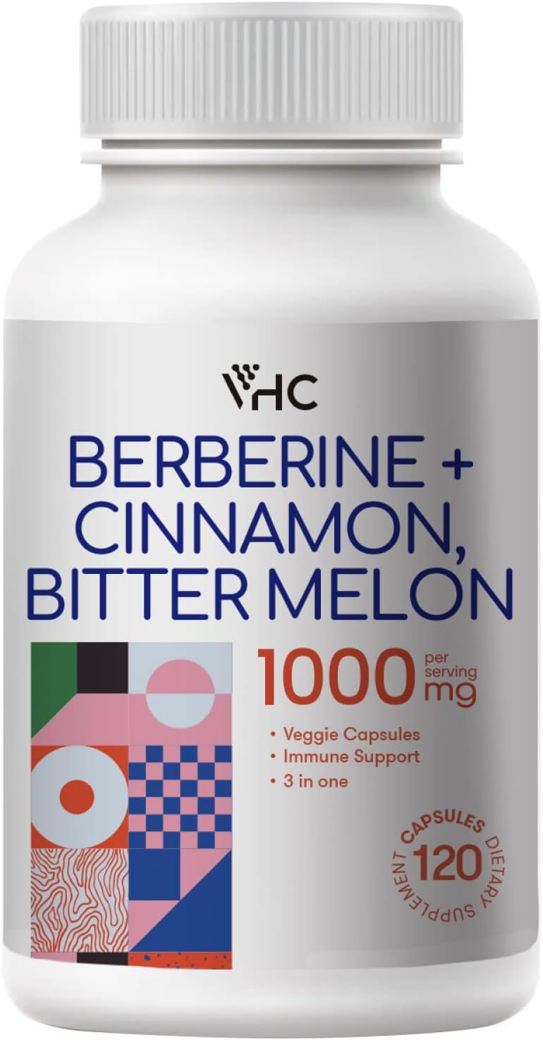 Triple Action Berberine Supplement 1000mg with Ceylon Cinnamon & Bitter Melon - Immune, Cardiovascular, GI Support - 120 Capsules