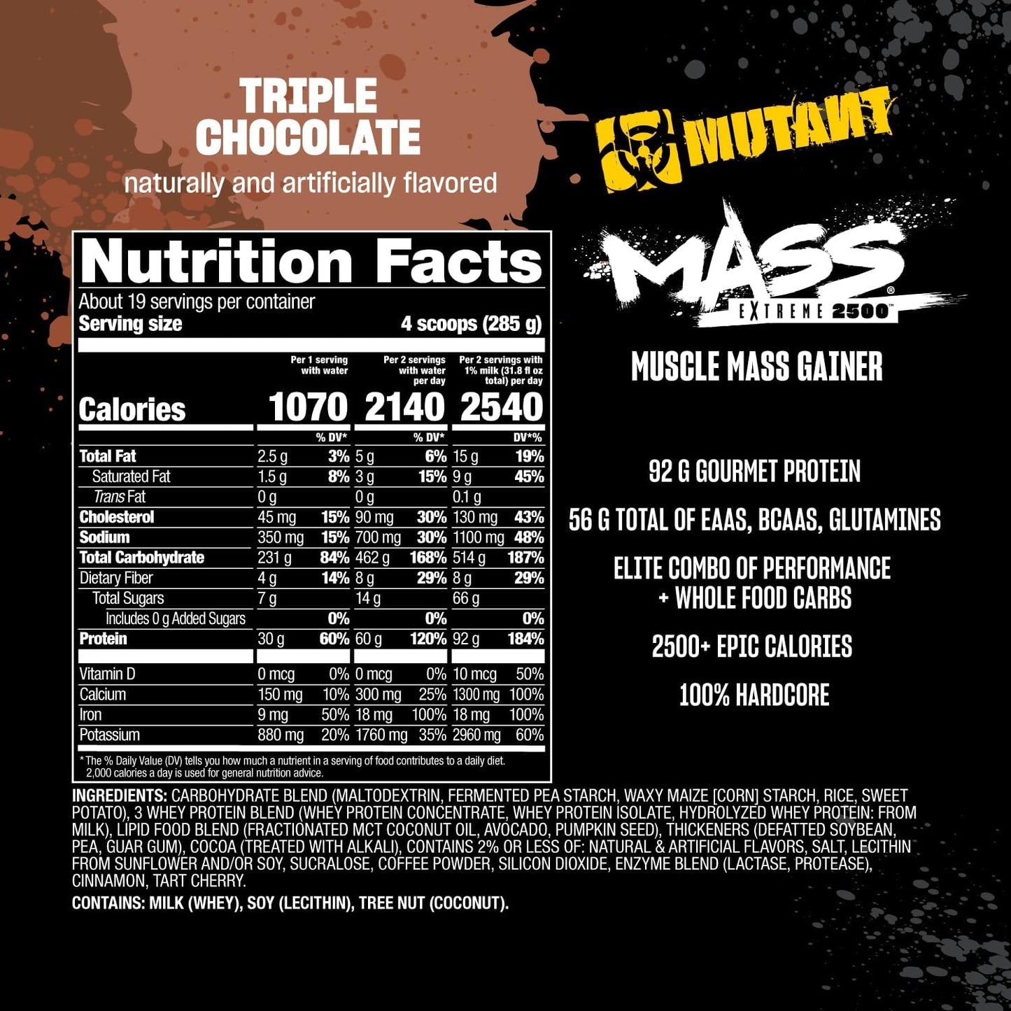 Triple Chocolate Mutant Mass Extreme Gainer: Whey Protein Powder for Muscle Size and Strength - 12 lbs of Clean High-Density Calories
