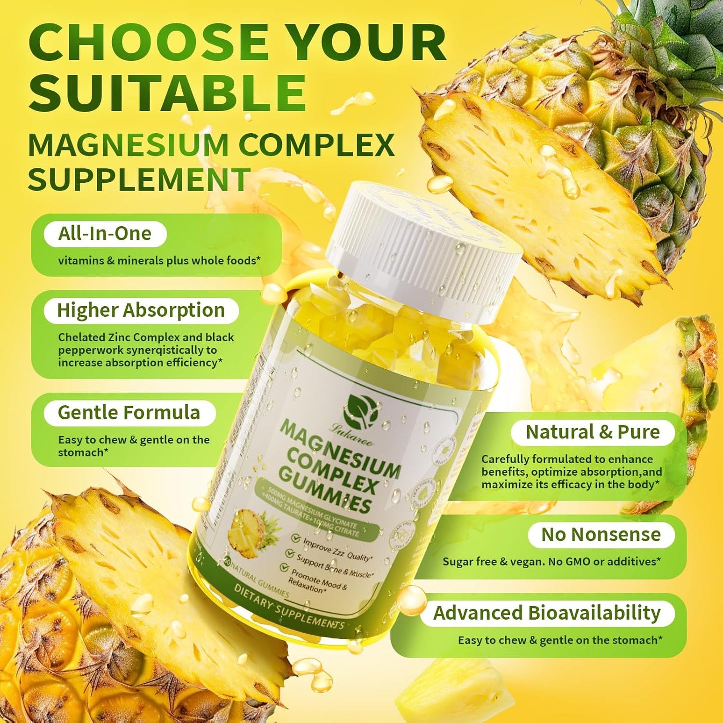 Triple Complex Magnesium Gummies with Calcium, Zinc, D3 & K2 - 60 Count Immune & Rest Support Supplement