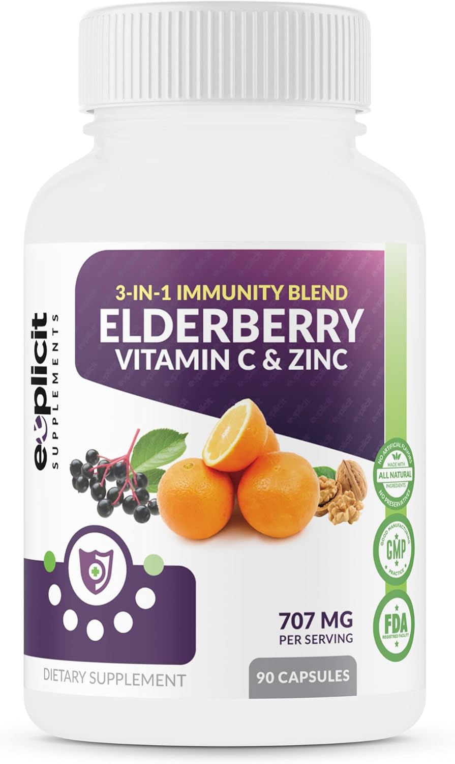Triple Immunity Booster: Elderberry, Vitamin C, & Zinc Supplement - All Natural - Extra Strength - 3 Month Supply - Made in USA