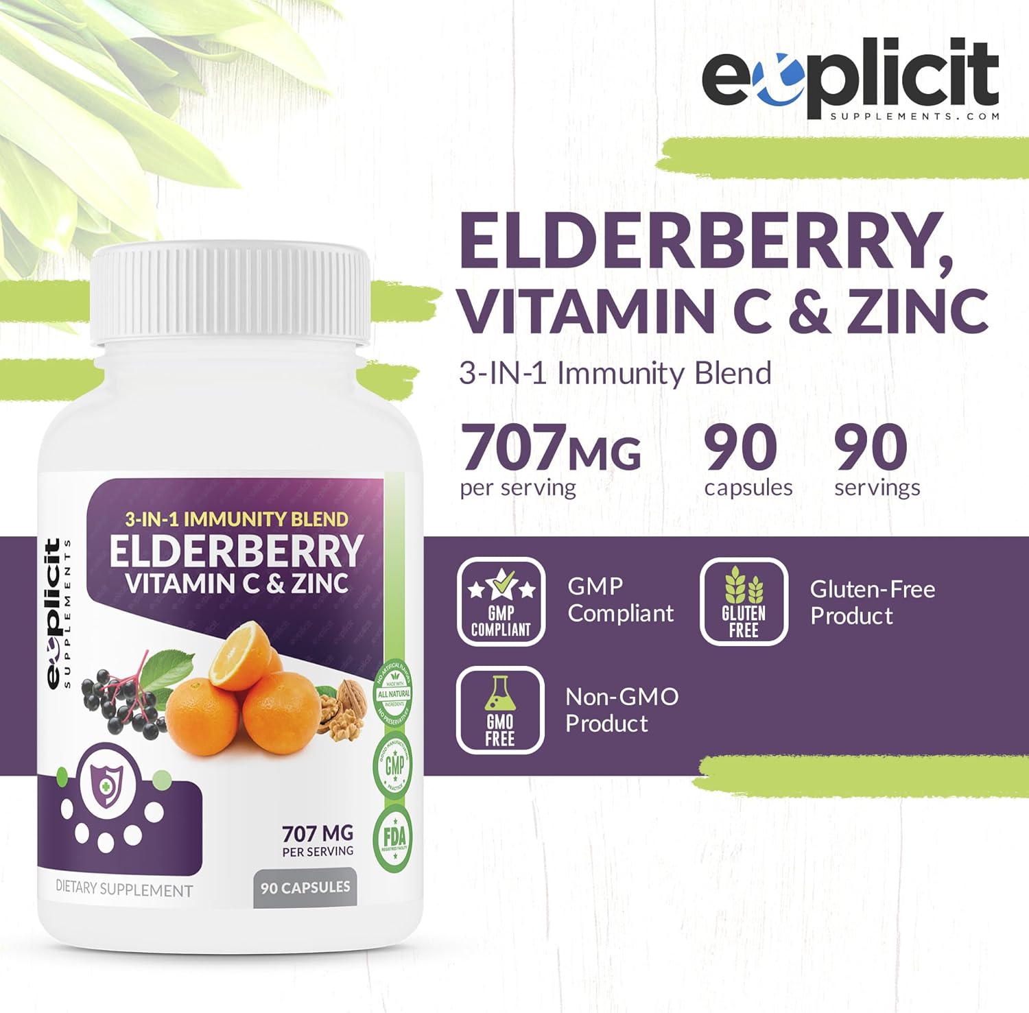 Triple Immunity Booster: Elderberry, Vitamin C, & Zinc Supplement - All Natural - Extra Strength - 3 Month Supply - Made in USA
