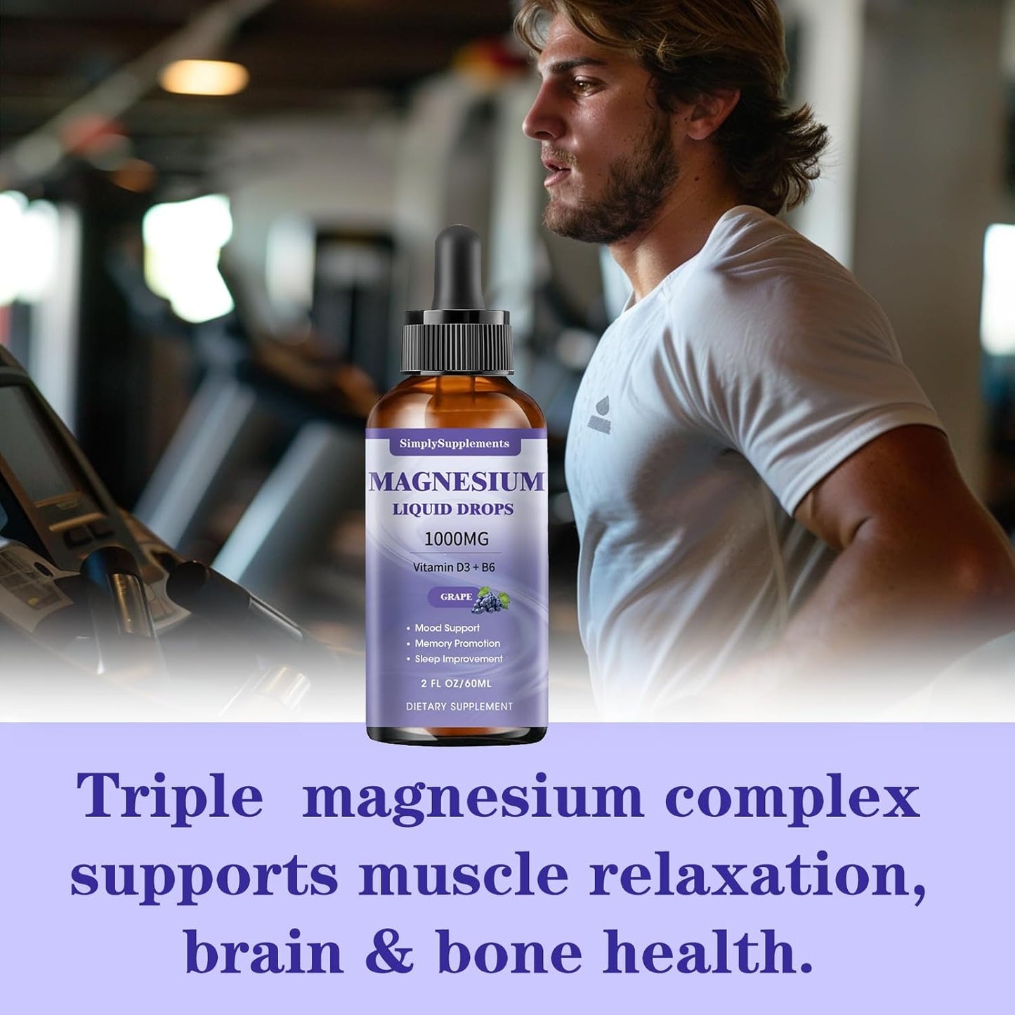 Triple Magnesium Complex Liquid Drops - 1000mg Magnesium Glycinate, Taurate, & Citrate with L-theanine, Vitamin D3 & B6 - Grape Flavor - 2 Fl OZ for Sleep, Muscle Support & Calmness