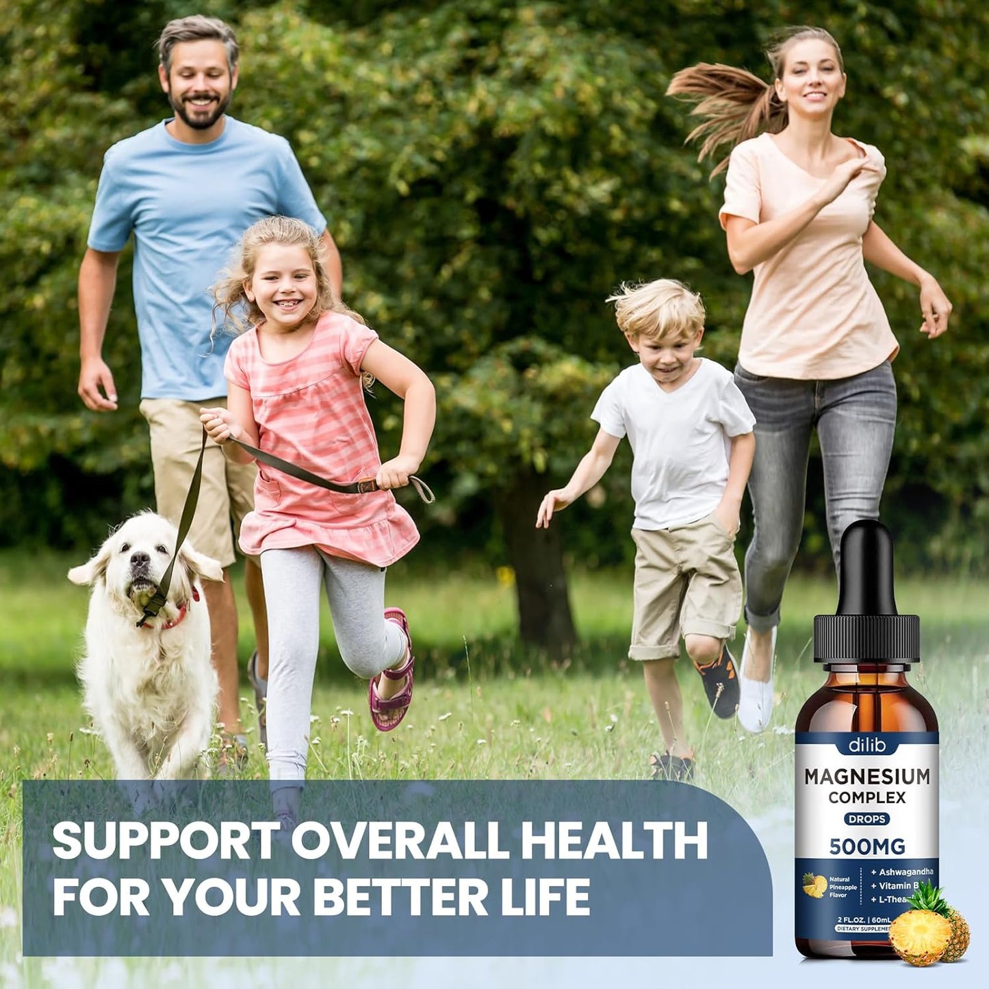 Triple Magnesium Complex Liquid Drops 500mg with Ashwagandha & Vitamin B6 - Stress Relief & Muscle Support - Pineapple Flavor