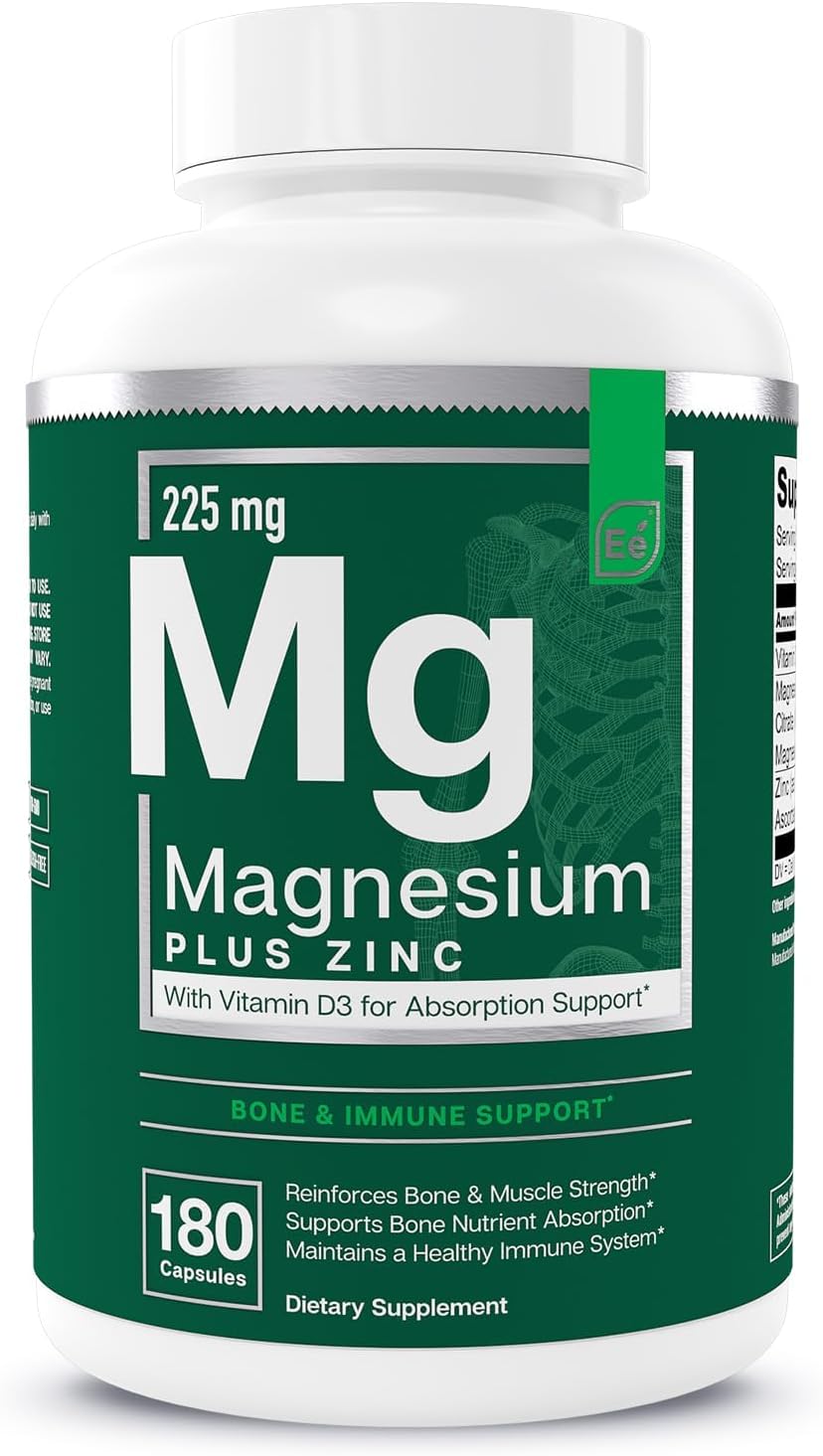 Triple Magnesium Supplement with Vitamin D3 for Sleep, Immune & Bone Support - 200mg Magnesium Glycinate, Malate, Citrate - 3 Month Supply for Men and Women