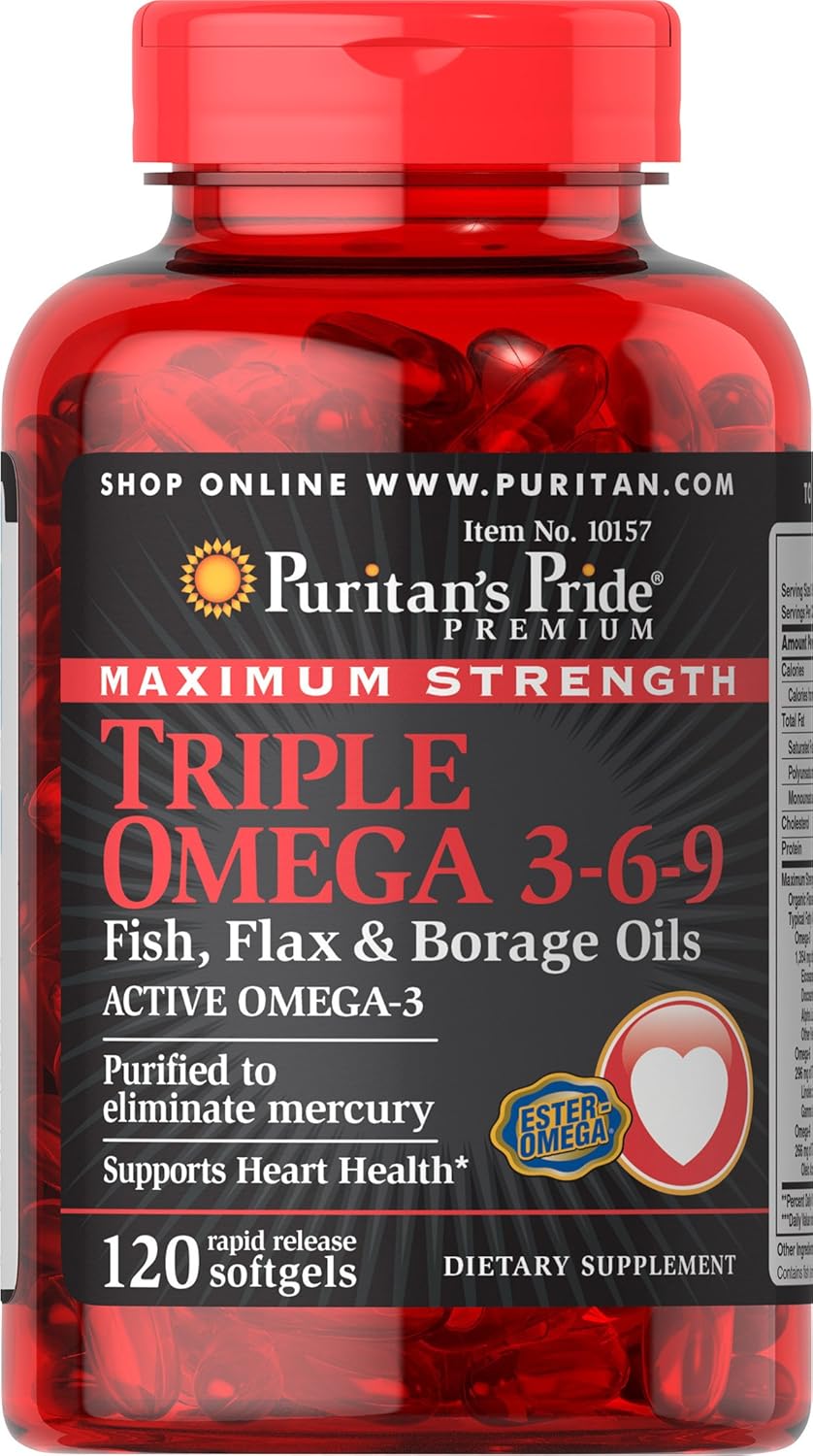 Triple Omega 3-6-9 Fish, Flax & Borage Oils- Maximum Strength Softgels by Puritan's Pride
