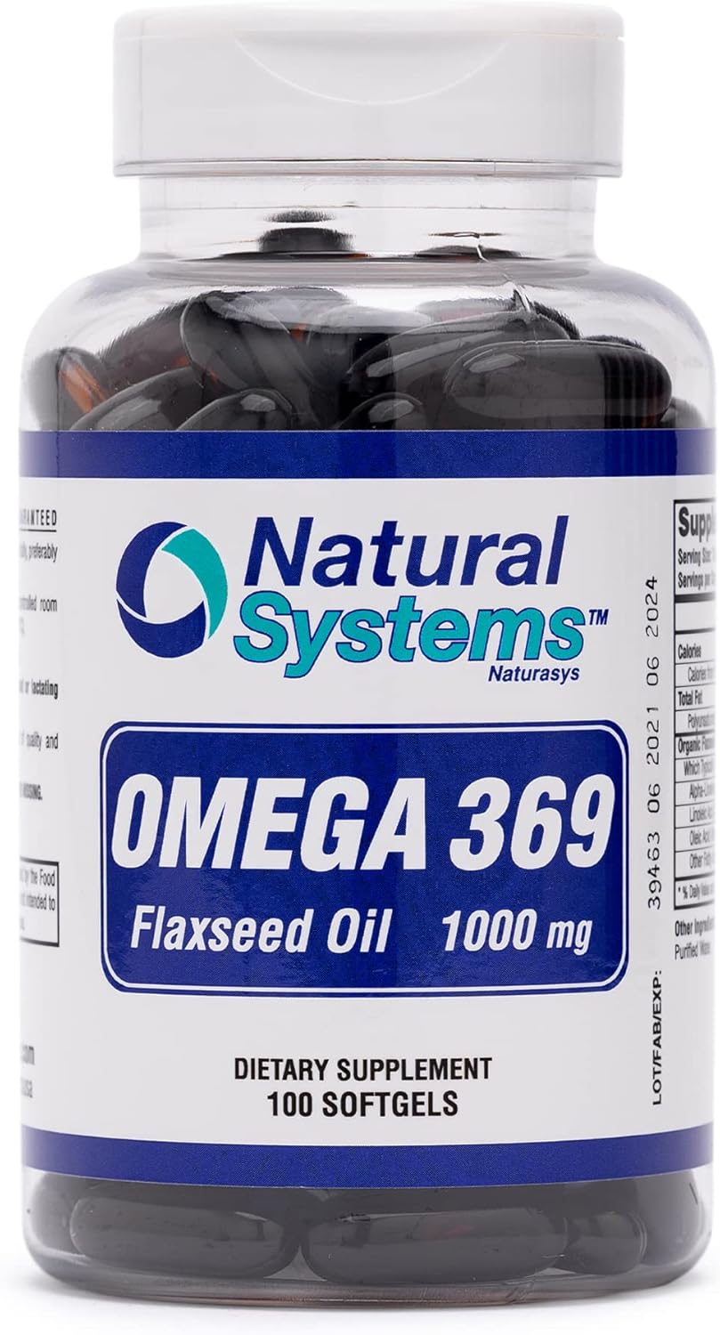 Triple Omega 3 6 9 Flax Seed Oil Softgels - 1000mg Essential Fatty Acids for Heart Health - Natural Systems Omega 369 Supplement for Circulatory Support - 100 Capsules