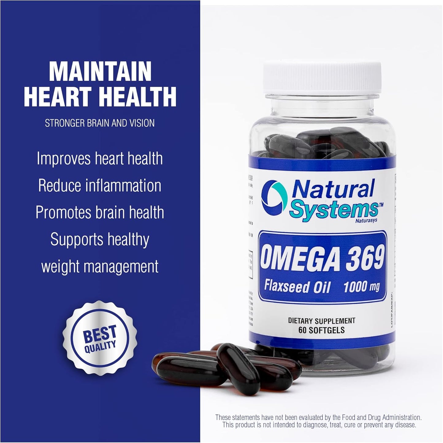 Triple Omega 3 6 9 Flax Seed Oil Softgels - 1000mg Essential Fatty Acids for Heart Health - Natural Systems Omega 369 Supplement for Circulatory Support - 100 Capsules