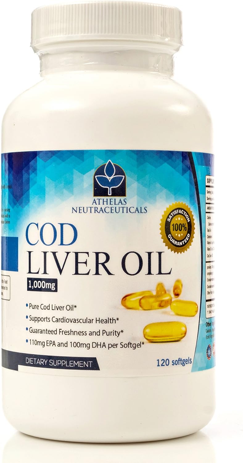 Triple Strength Cod Liver Oil Capsules - Premium Certified Pure - Heart Healthy Omega 3 Supplement - 120 Softgels - No Fishy Taste - Athelas Neutraceuticals