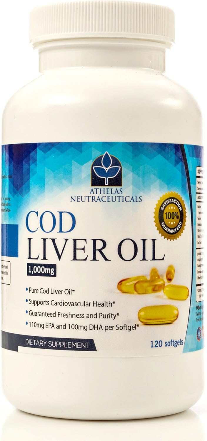 Triple Strength Cod Liver Oil Capsules - Premium Certified Pure - Heart Healthy Omega 3 Supplement - 120 Softgels - No Fishy Taste - Athelas Neutraceuticals