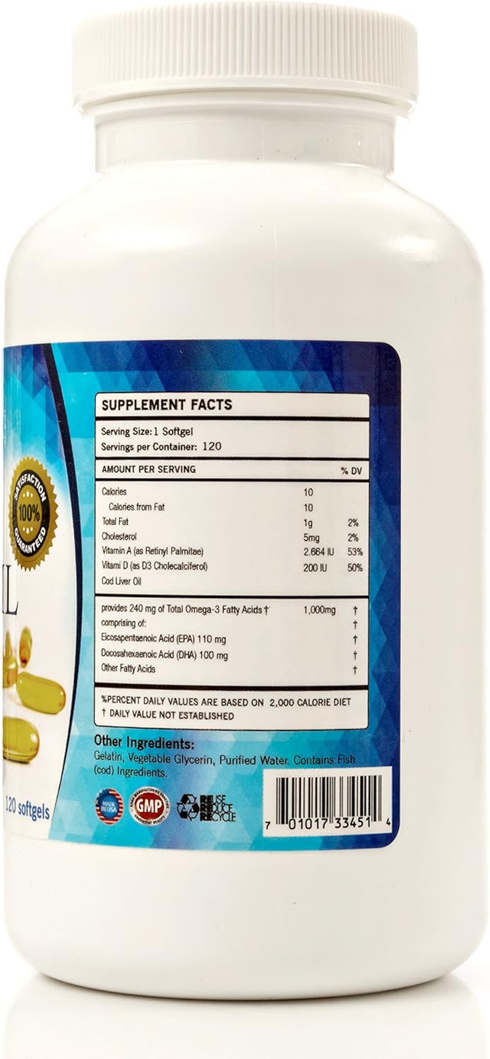 Triple Strength Cod Liver Oil Capsules - Premium Certified Pure - Heart Healthy Omega 3 Supplement - 120 Softgels - No Fishy Taste - Athelas Neutraceuticals