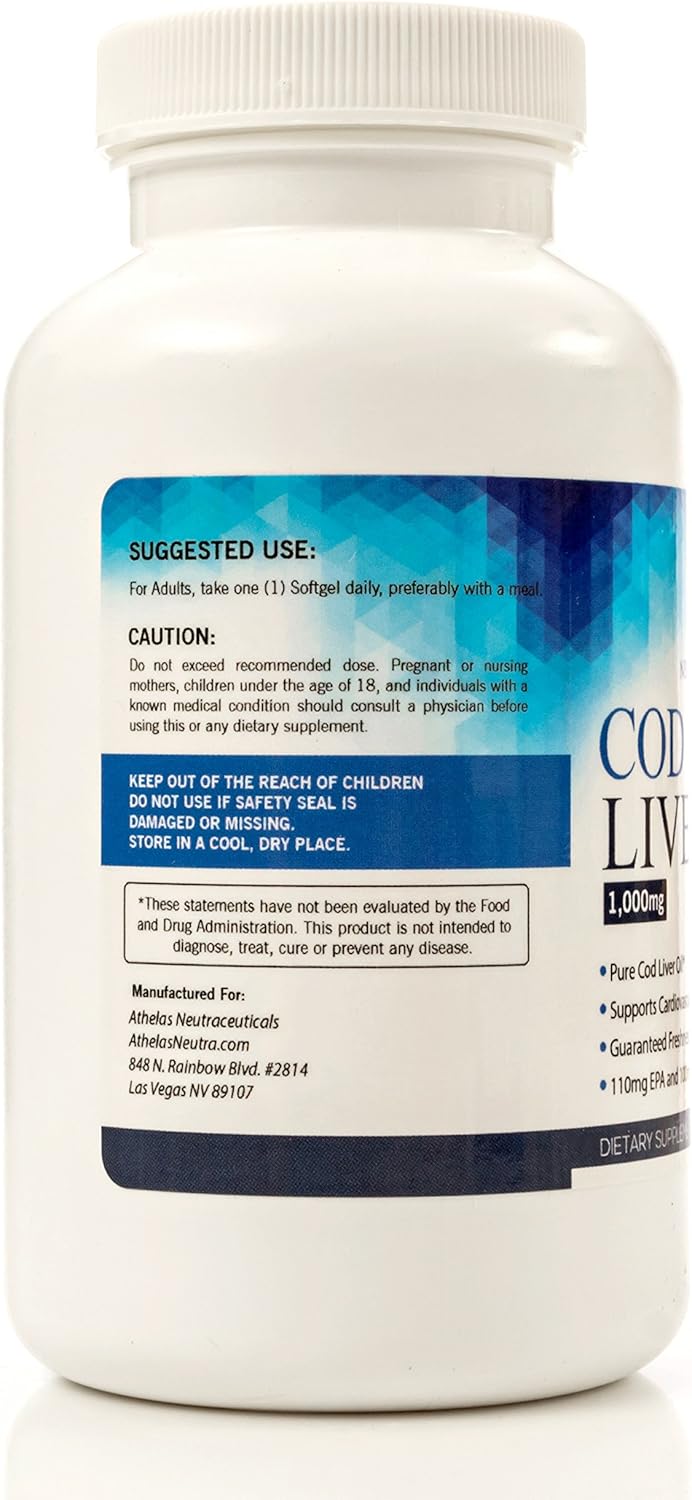 Triple Strength Cod Liver Oil Capsules - Premium Certified Pure - Heart Healthy Omega 3 Supplement - 120 Softgels - No Fishy Taste - Athelas Neutraceuticals