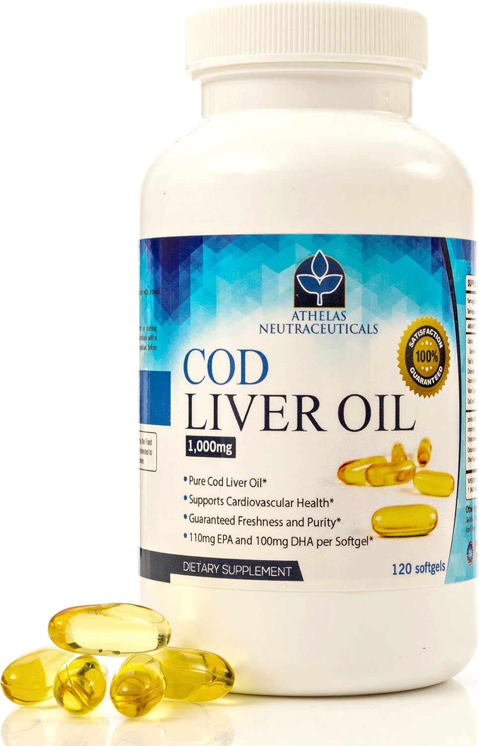 Triple Strength Cod Liver Oil Capsules - Premium Certified Pure - Heart Healthy Omega 3 Supplement - 120 Softgels - No Fishy Taste - Athelas Neutraceuticals
