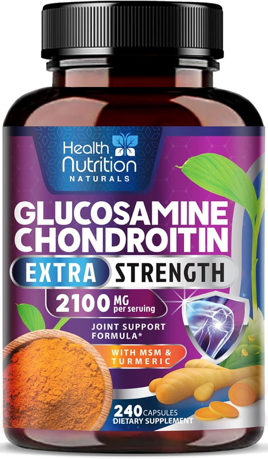Triple Strength Glucosamine Chondroitin MSM Complex with Turmeric & Boswellia - Joint Support Supplement for Bones, Knees & Mobility - 240 Capsules