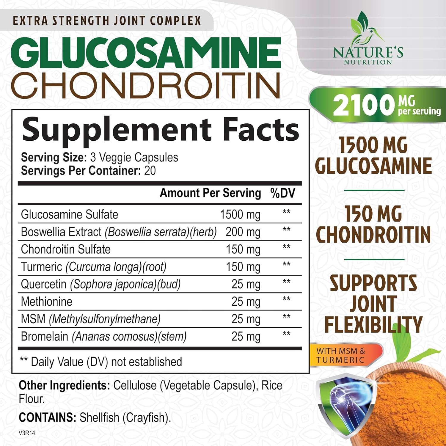 Triple Strength Glucosamine Chondroitin MSM Complex with Turmeric & Boswellia for Joint Support - 60 Capsules