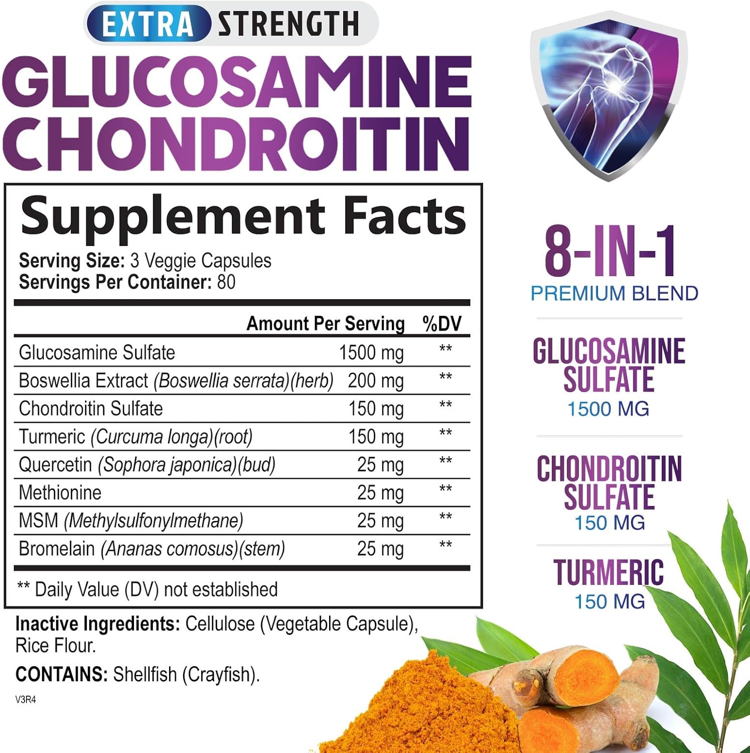 Triple Strength Glucosamine Chondroitin MSM Complex with Turmeric & Boswellia - Joint Support Supplement for Bones, Knees & Mobility - 240 Capsules