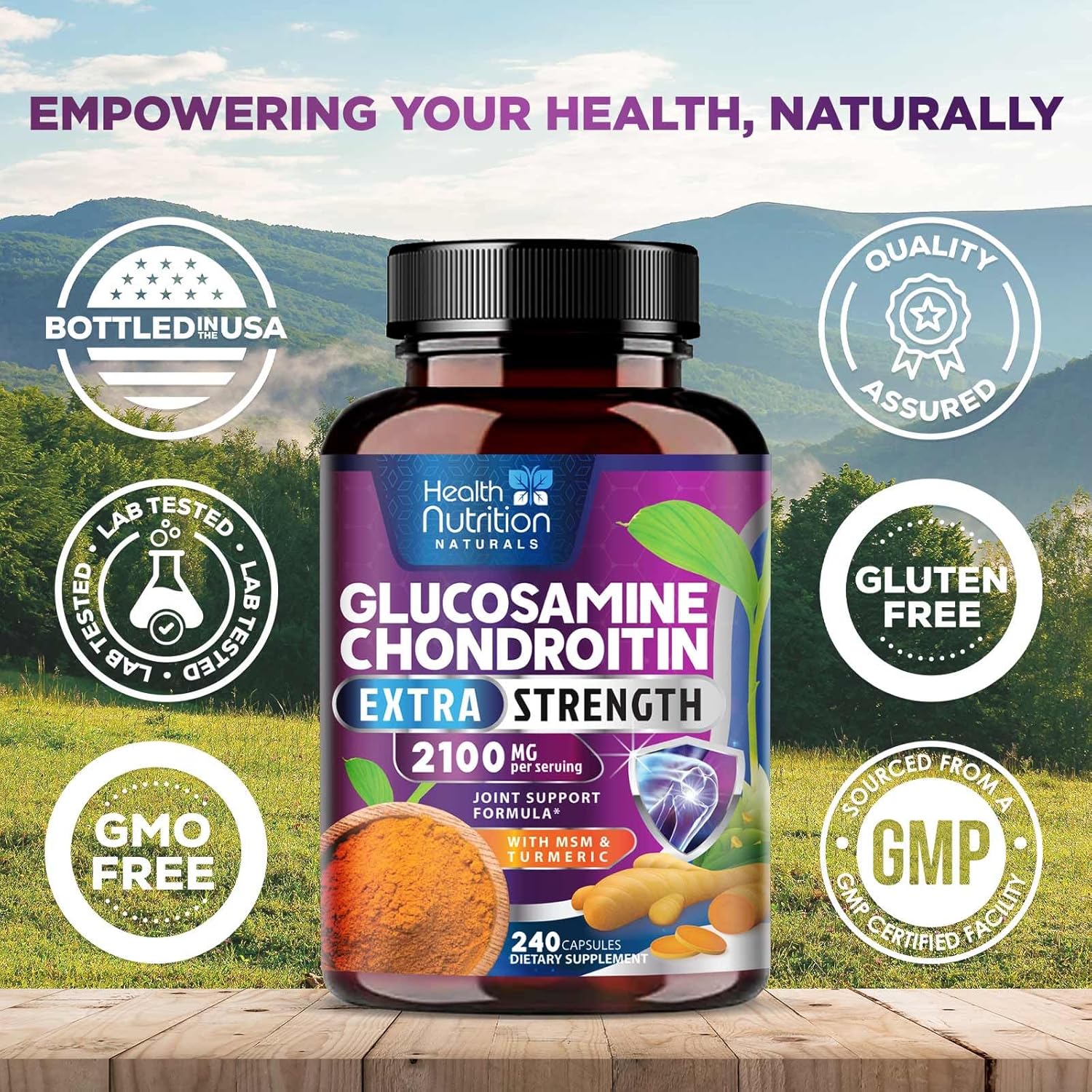 Triple Strength Glucosamine Chondroitin MSM Complex with Turmeric & Boswellia - Joint Support Supplement for Bones, Knees & Mobility - 240 Capsules