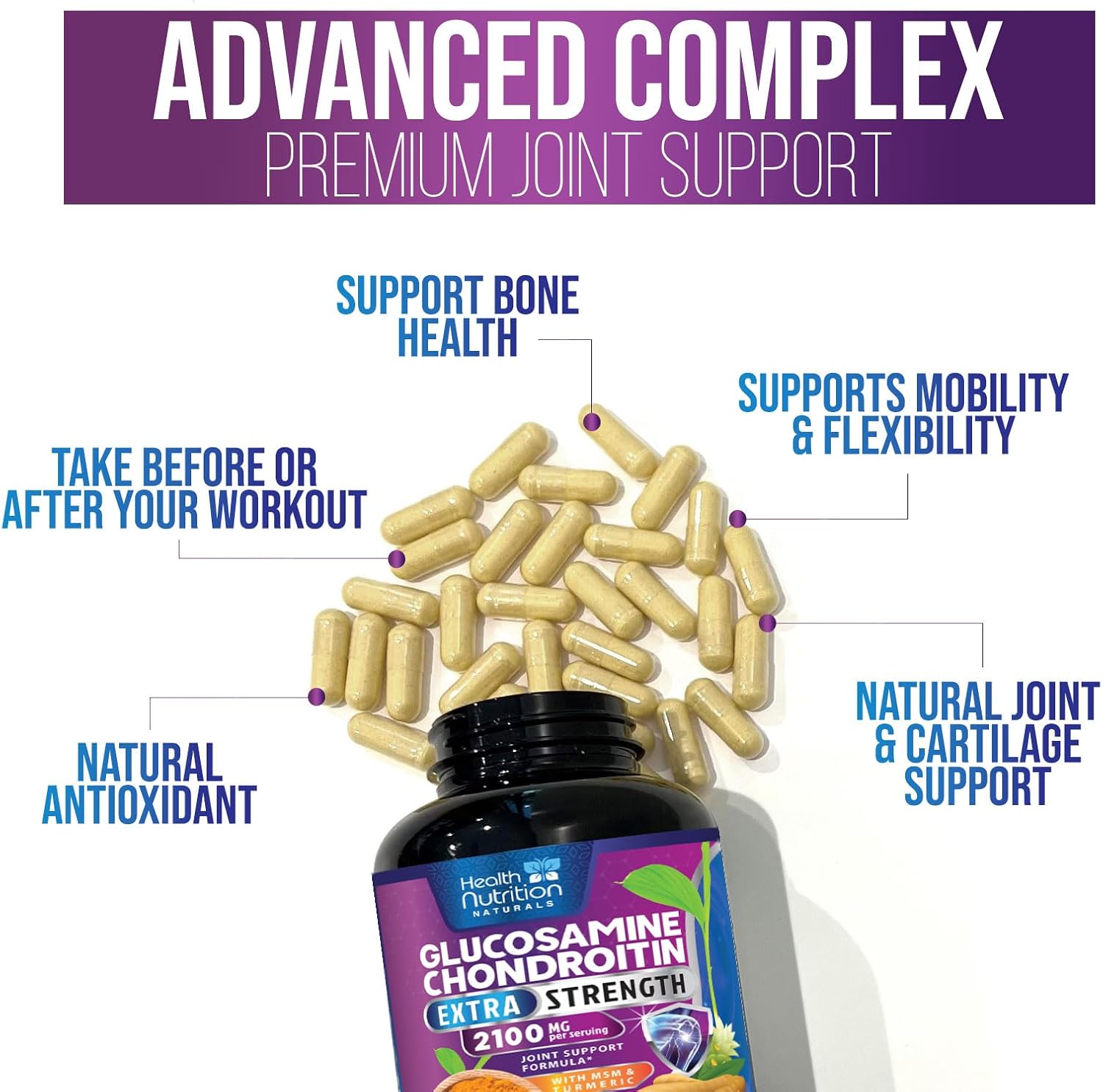 Triple Strength Glucosamine Chondroitin MSM Complex with Turmeric & Boswellia - Joint Support Supplement for Bones, Knees & Mobility - 240 Capsules