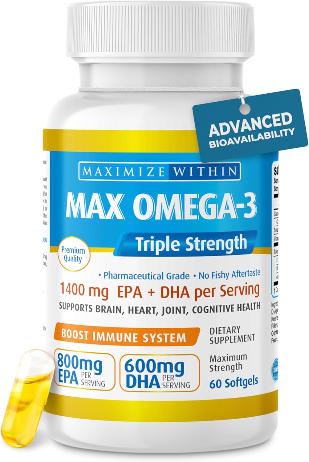Triple Strength Max Omega 3 Fish Oil Pills - High Potency Supplement (2000mg Total Omega 3 Fatty Acids: 600mg DHA + 800mg EPA)