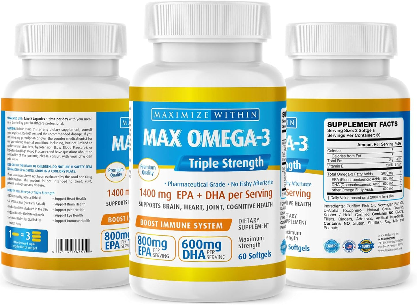 Triple Strength Max Omega 3 Fish Oil Pills - High Potency Supplement (2000mg Total Omega 3 Fatty Acids: 600mg DHA + 800mg EPA)
