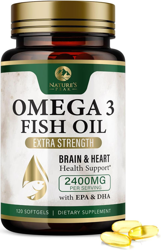 Triple Strength Nature's Peak Fish Oil Supplement - 2400 mg Omega 3 with EPA & DHA Fatty Acids for Heart Support - Burpless 60 Day Supply - 120 Softgels