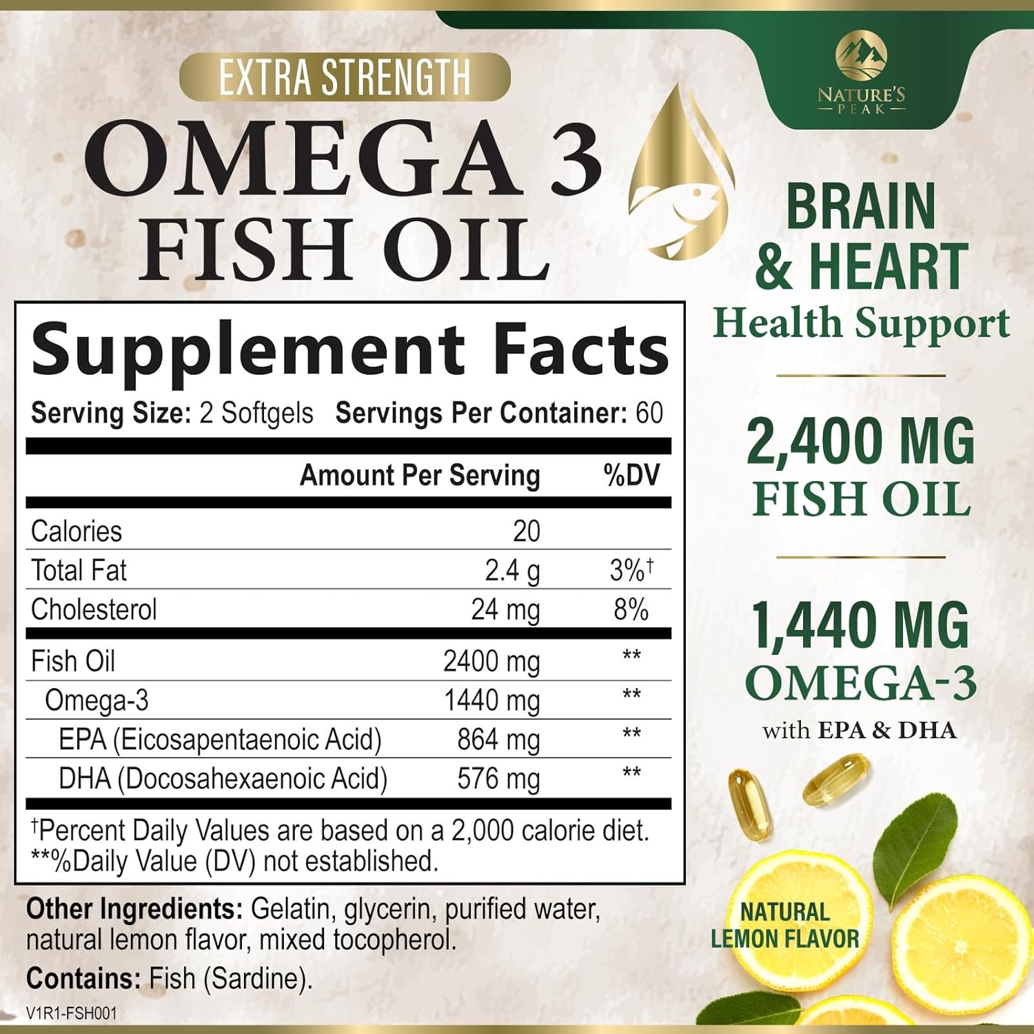 Triple Strength Nature's Peak Fish Oil Supplement - 2400 mg Omega 3 with EPA & DHA Fatty Acids for Heart Support - Burpless 60 Day Supply - 120 Softgels