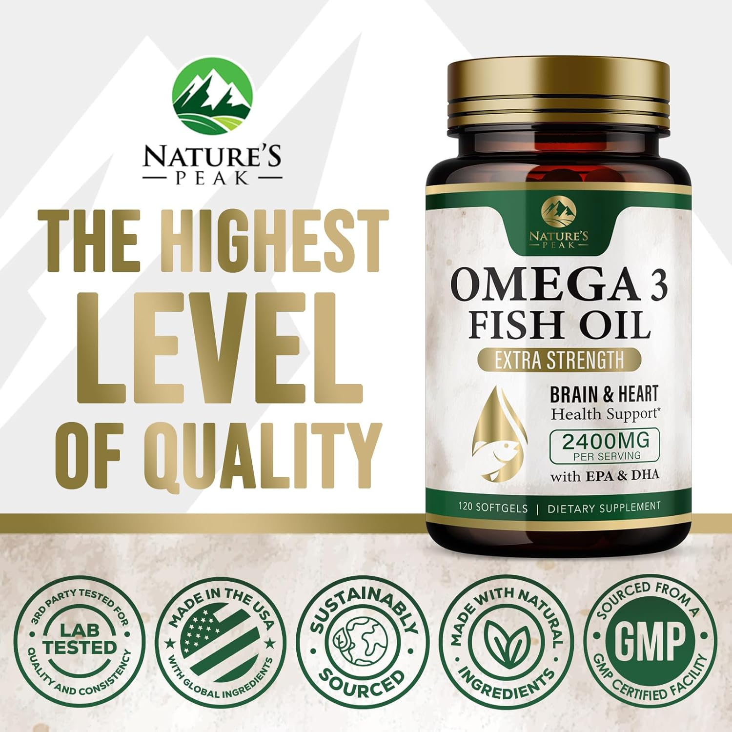 Triple Strength Nature's Peak Fish Oil Supplement - 2400 mg Omega 3 with EPA & DHA Fatty Acids for Heart Support - Burpless 60 Day Supply - 120 Softgels