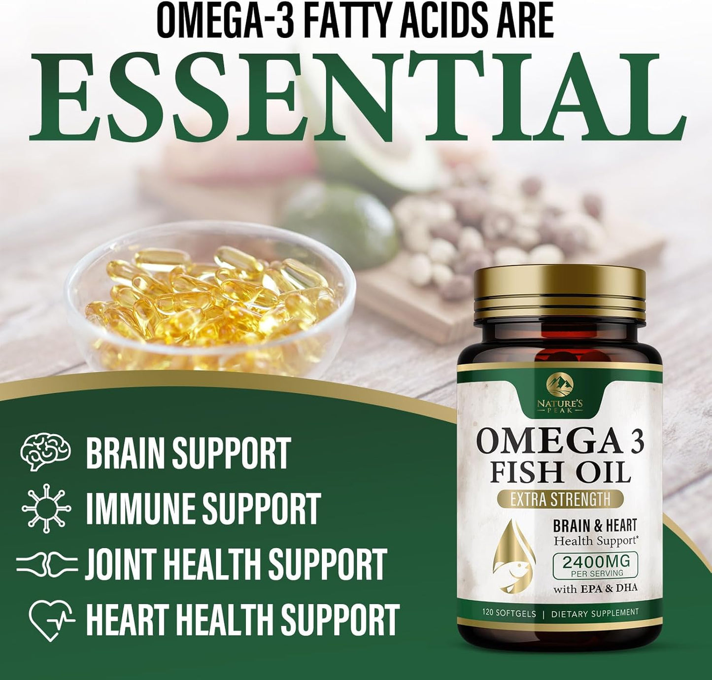 Triple Strength Nature's Peak Fish Oil Supplement - 2400 mg Omega 3 with EPA & DHA Fatty Acids for Heart Support - Burpless 60 Day Supply - 120 Softgels