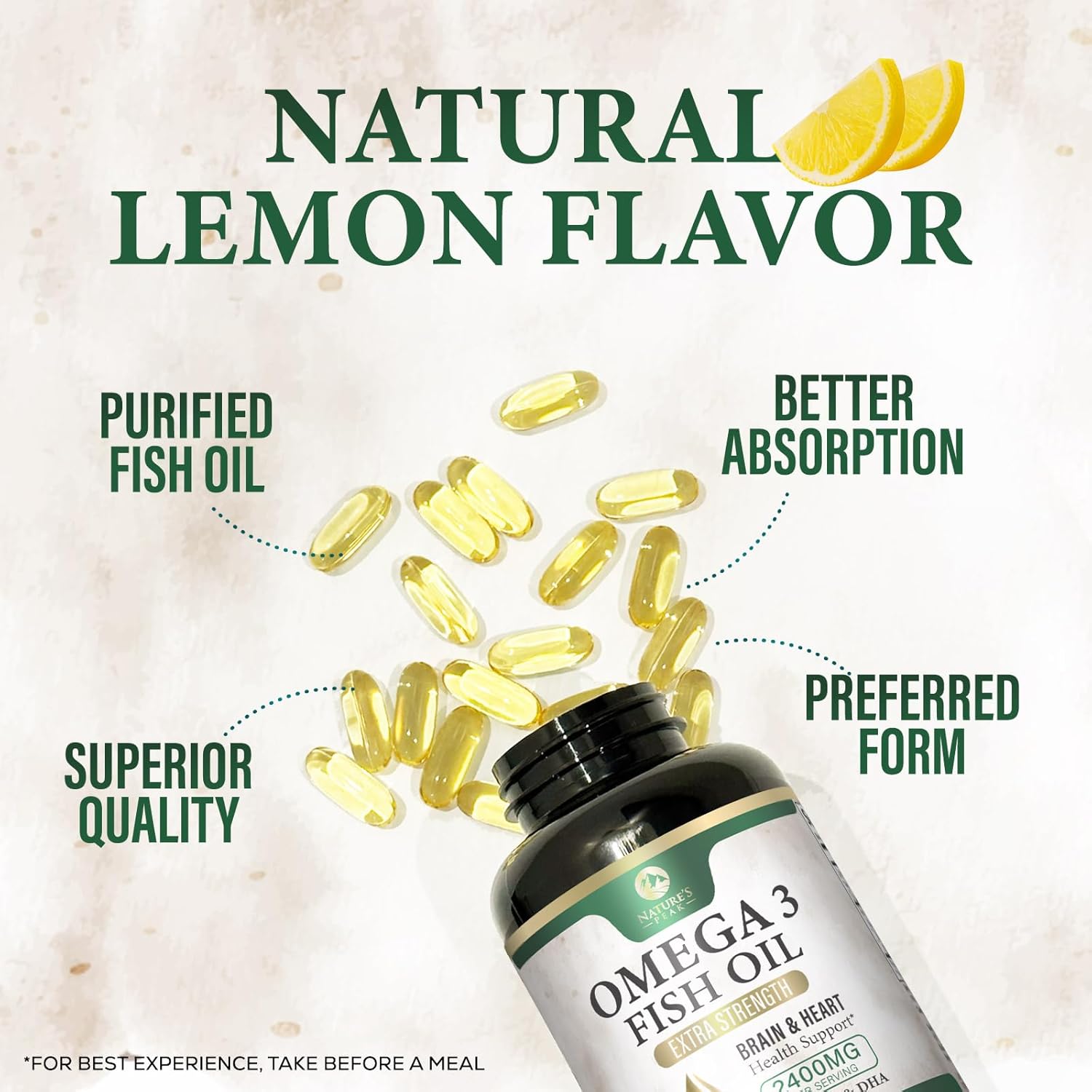 Triple Strength Nature's Peak Fish Oil Supplement - 2400 mg Omega 3 with EPA & DHA Fatty Acids for Heart Support - Burpless 60 Day Supply - 120 Softgels