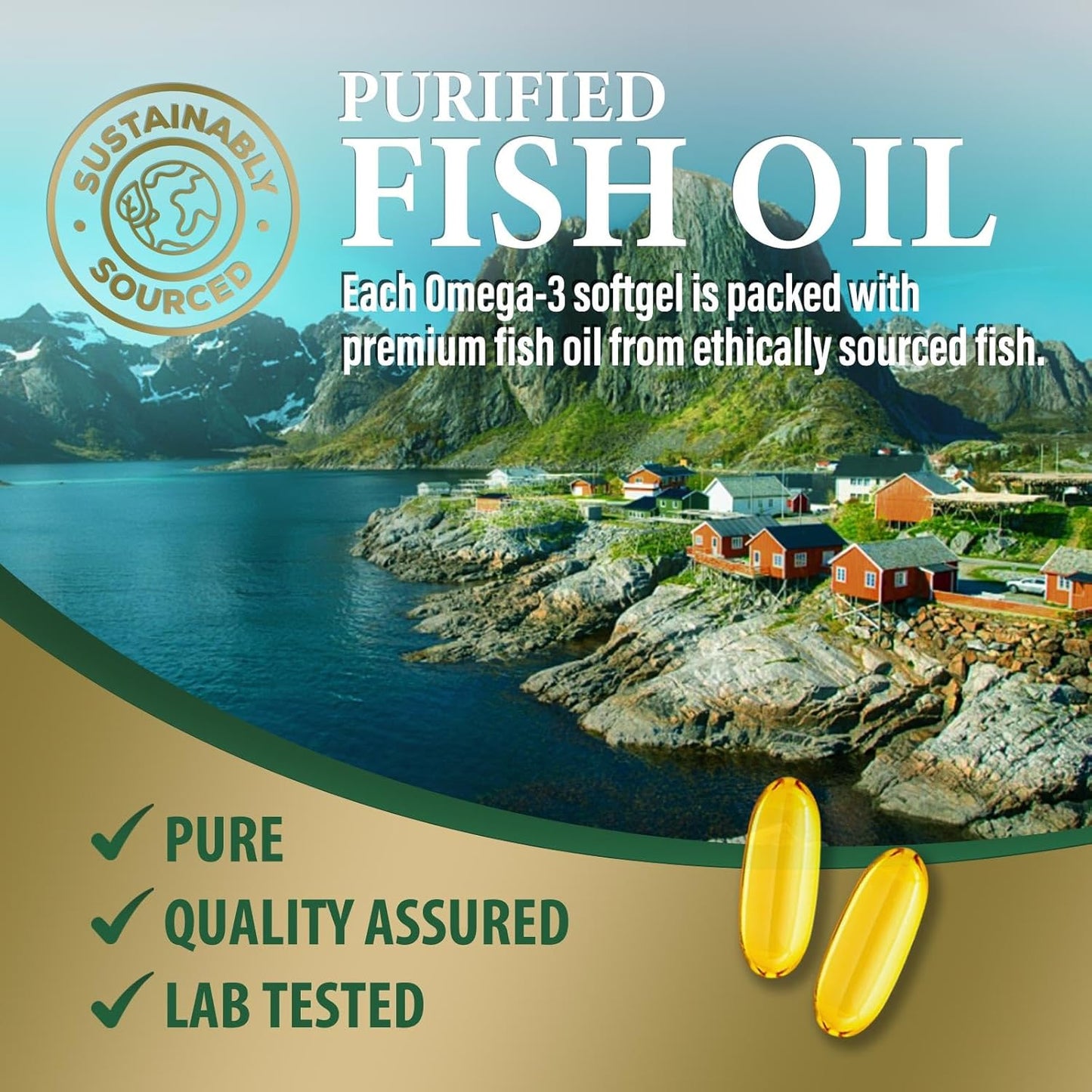 Triple Strength Nature's Peak Fish Oil Supplement - 2400 mg Omega 3 with EPA & DHA Fatty Acids for Heart Support - Burpless 60 Day Supply - 120 Softgels