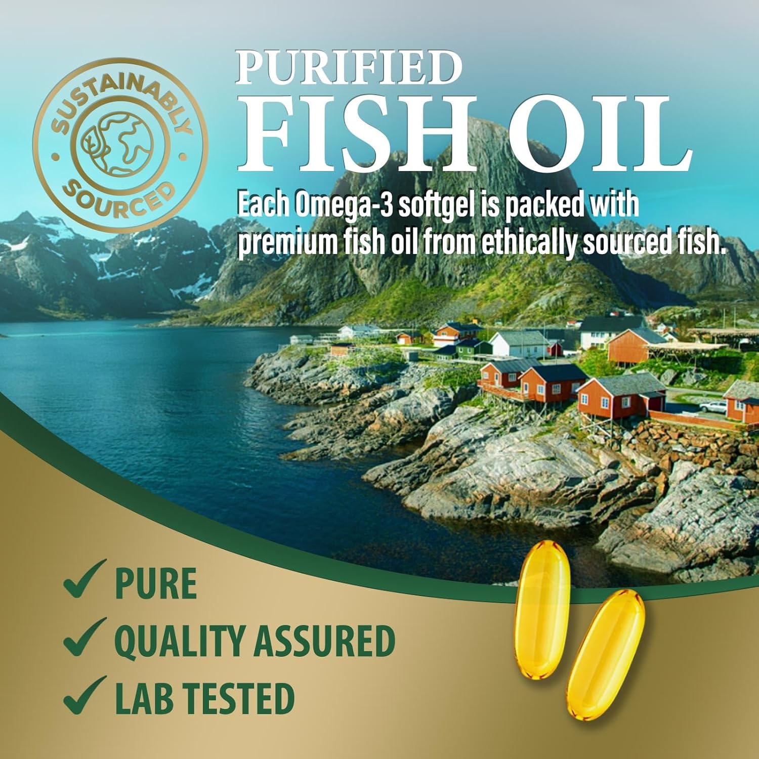 Triple Strength Nature's Peak Fish Oil Supplement - 2400 mg Omega 3 with EPA & DHA Fatty Acids for Heart Support - Burpless 60 Day Supply - 120 Softgels